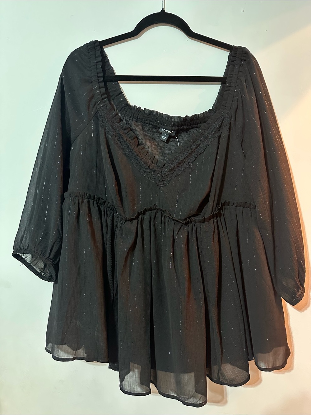 torrid Black V-Neck Peasant Top with Subtle Metallic Thread